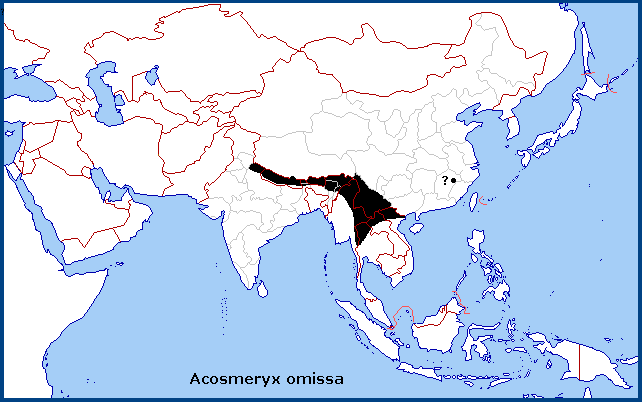Global distribution of Acosmeryx omissa. Map: &copy; Tony Pittaway.