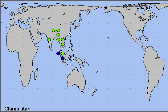 Global distribution of Clanis titan. Map: &copy; NHMUK.