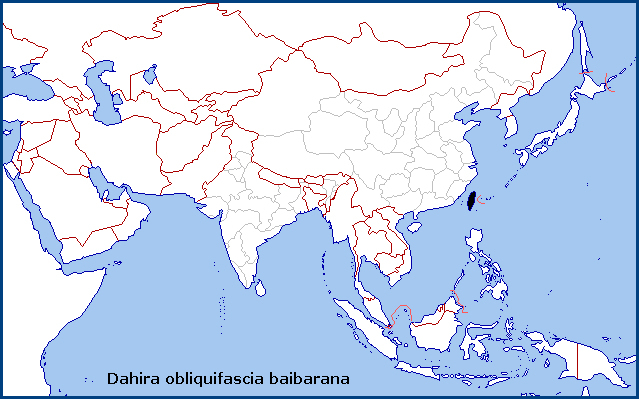 Global distribution of Dahira obliquifascia baibarana. Map: &copy; Tony Pittaway.