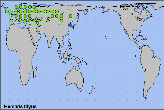 Global distribution of Hemaris tityus. Map: &copy; NHMUK.
