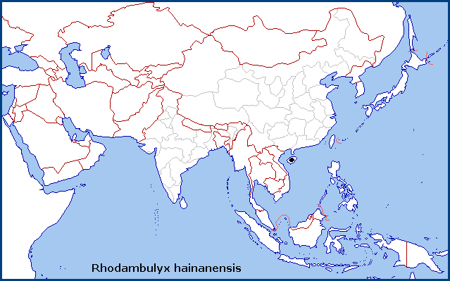 Global distribution of Rhodambulyx hainanensis. Map: &copy; Tony Pittaway.