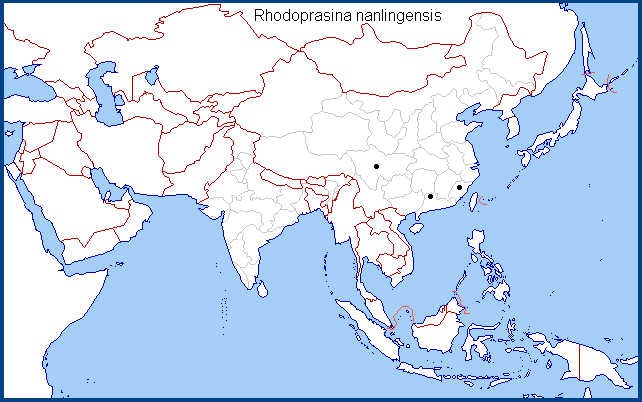 Regional distribution of Rhodoprasina nanlingensis. Map: &copy; Tony Pittaway.