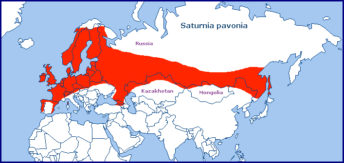 Global distribution of Saturnia pavonia. Map: &copy; Tony Pittaway.