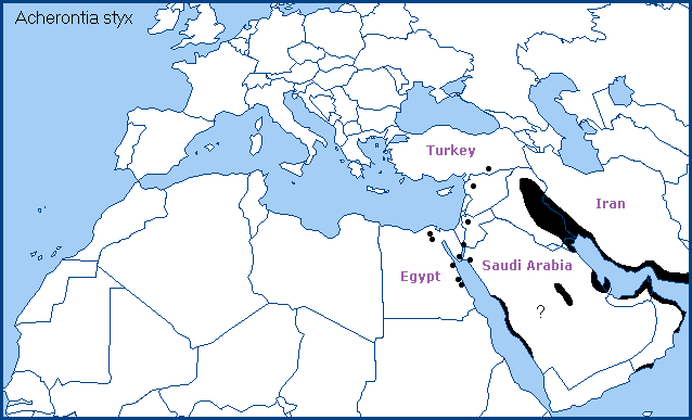 Local distribution of Acherontia styx. Map: &copy; Tony Pittaway.
