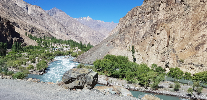 Typical riverine habitat of Dolbina grisea, Gilgit River, Phandar Valley, Gilgit-Baltistan, Pakistan, 9.vii.2018, 2500m. Photo: &copy; Serge Yevdoshenko.