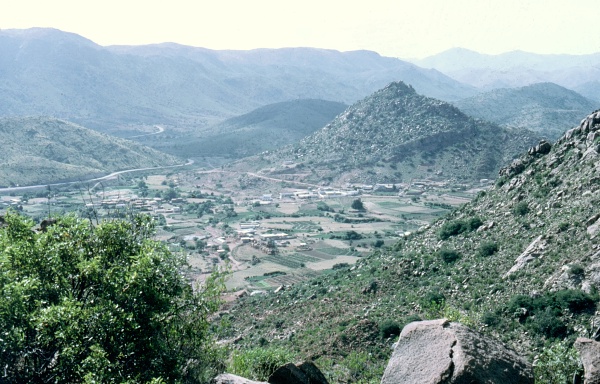 Typical mountain habitat of Hyles euphorbiae ?conspicua, Al-Foqa (Juzam, Al-Lieth), Asir Mountains, SW Saudi Arabia. Photo: &copy; Tony Pittaway.