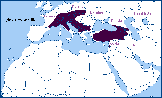 Global distribution of Hyles vespertilio. Map: &copy; Tony Pittaway.